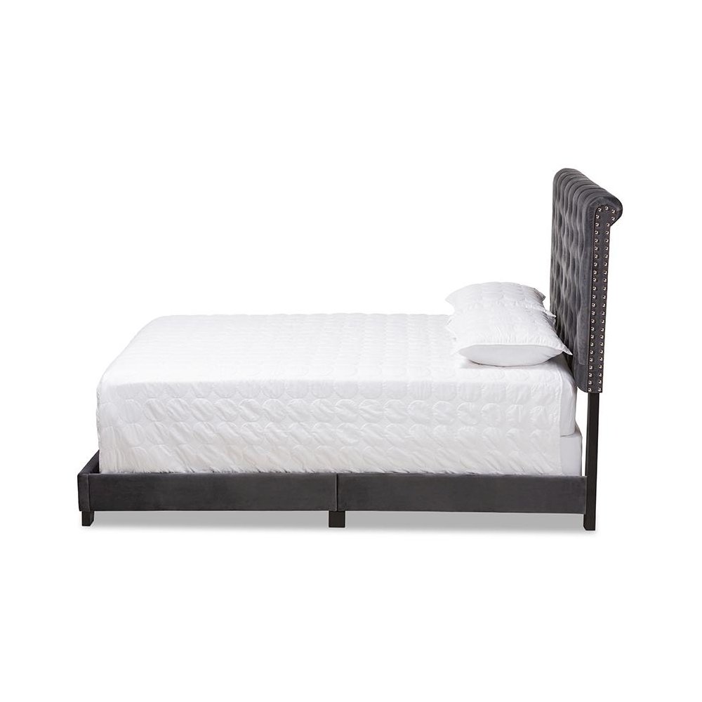 Candace Luxe and Glamour Dark Grey Velvet Upholstered Queen Size Bed. Picture 2