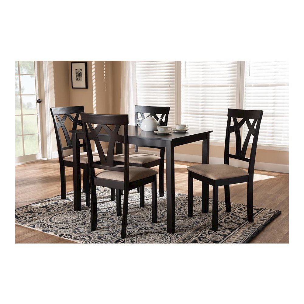 Espresso Brown Finished and Sand Fabric Upholstered 5-Piece Dining Set. Picture 9