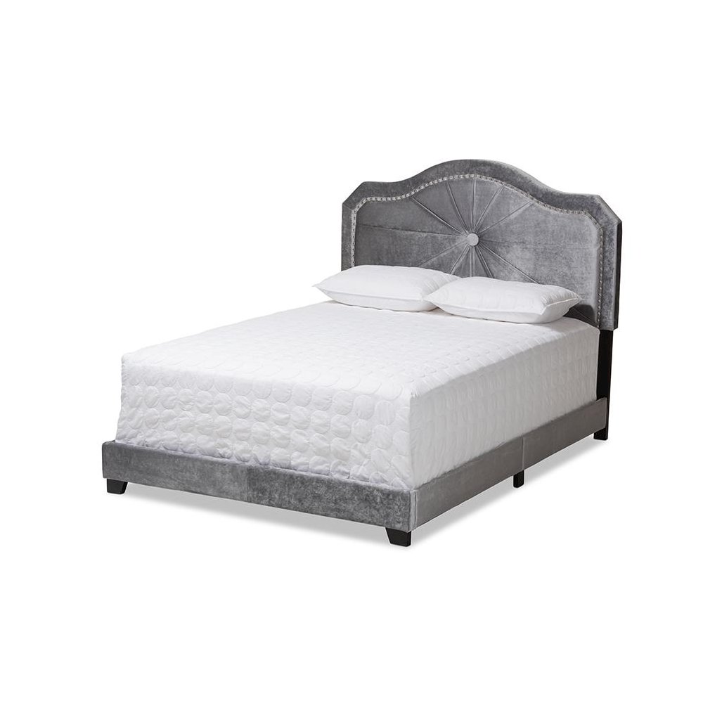 Embla Modern and Contemporary Grey Velvet Fabric Upholstered Queen Size Bed. Picture 1