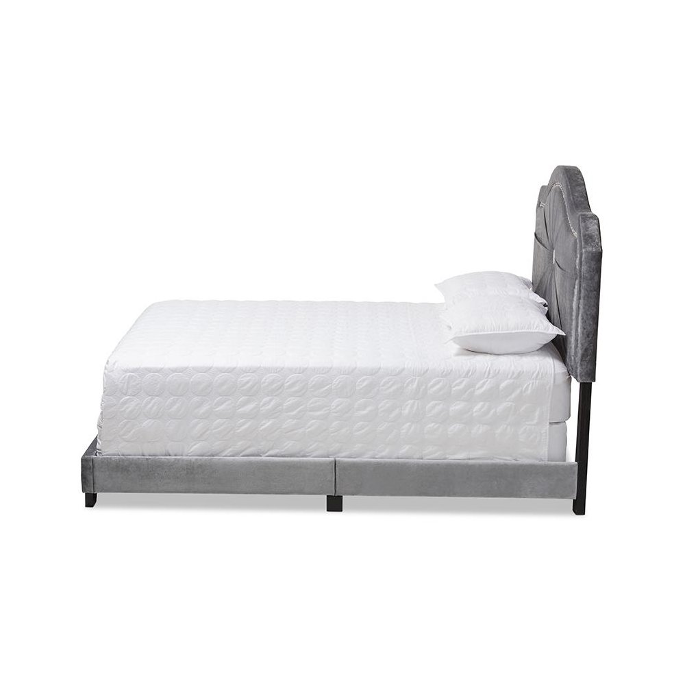 Embla Modern and Contemporary Grey Velvet Fabric Upholstered Queen Size Bed. Picture 2