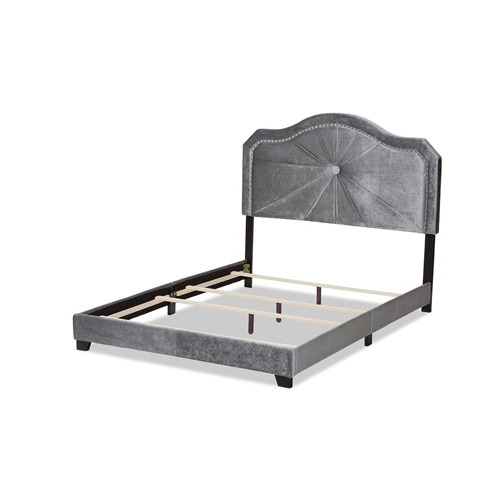 Embla Modern and Contemporary Grey Velvet Fabric Upholstered Queen Size Bed. Picture 3