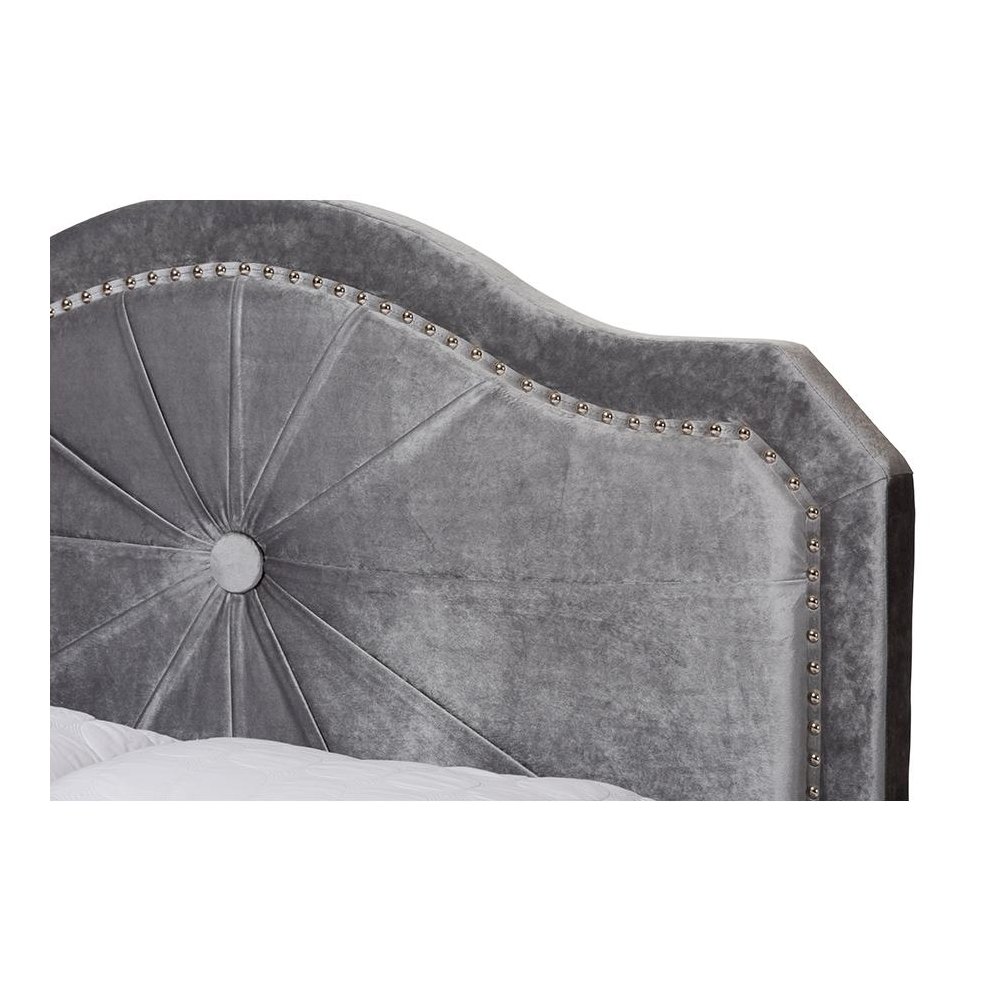 Embla Modern and Contemporary Grey Velvet Fabric Upholstered Queen Size Bed. Picture 4