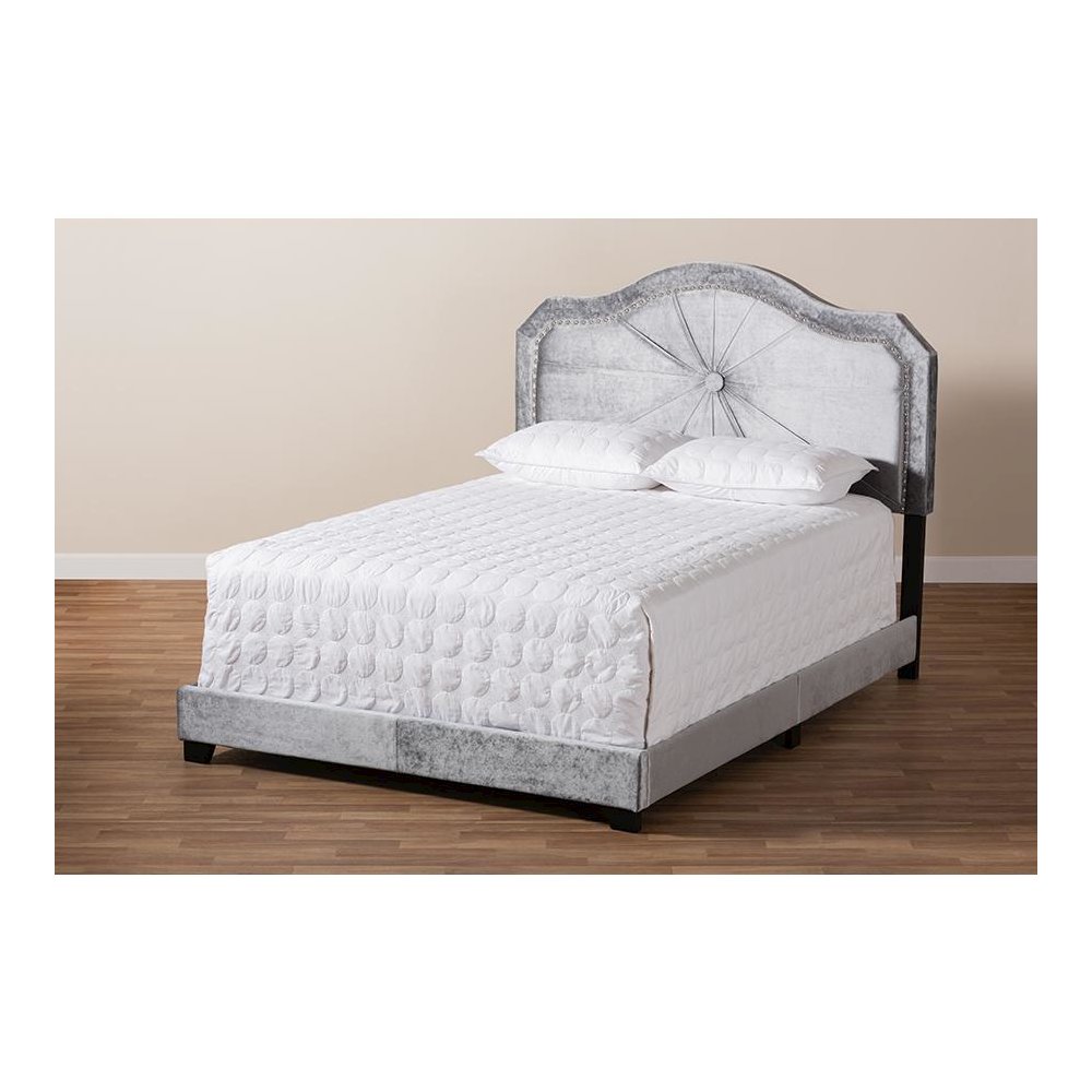 Embla Modern and Contemporary Grey Velvet Fabric Upholstered Queen Size Bed. Picture 6