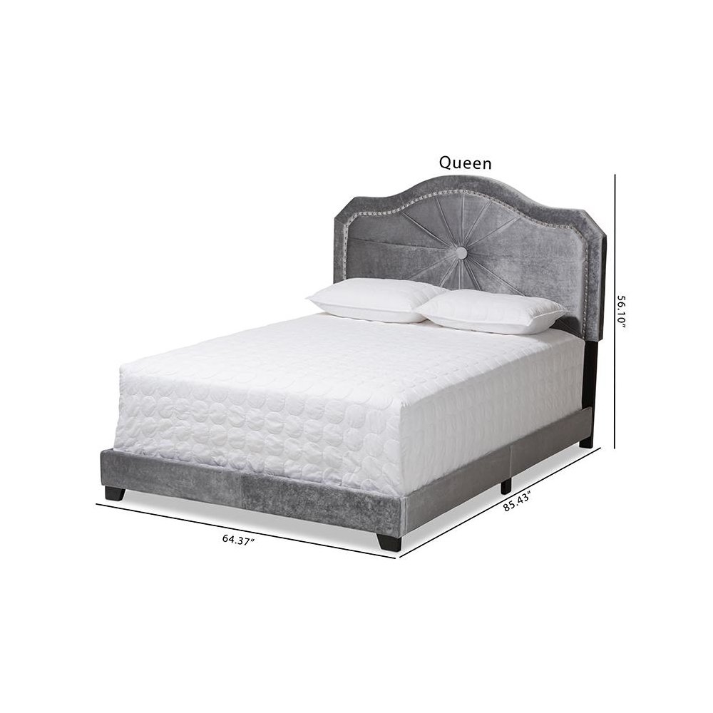 Embla Modern and Contemporary Grey Velvet Fabric Upholstered Queen Size Bed. Picture 8