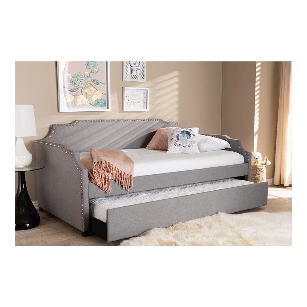 Grey Fabric Upholstered Twin Size Sofa Daybed with Roll Out Trundle Guest Bed. Picture 20
