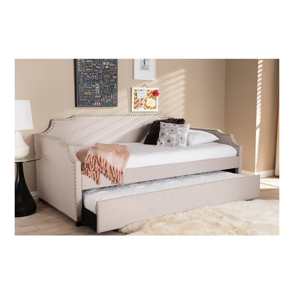 Beige Fabric Upholstered Twin Size Sofa Daybed with Roll Out Trundle Guest Bed. Picture 20