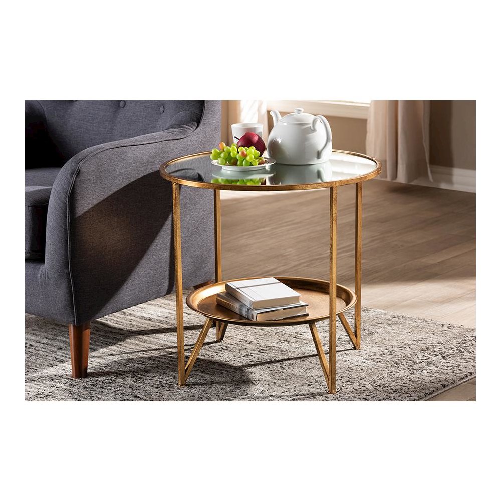 Antique Gold Finished Metal and Mirrored Glass Accent Table with Tray Shelf. Picture 13