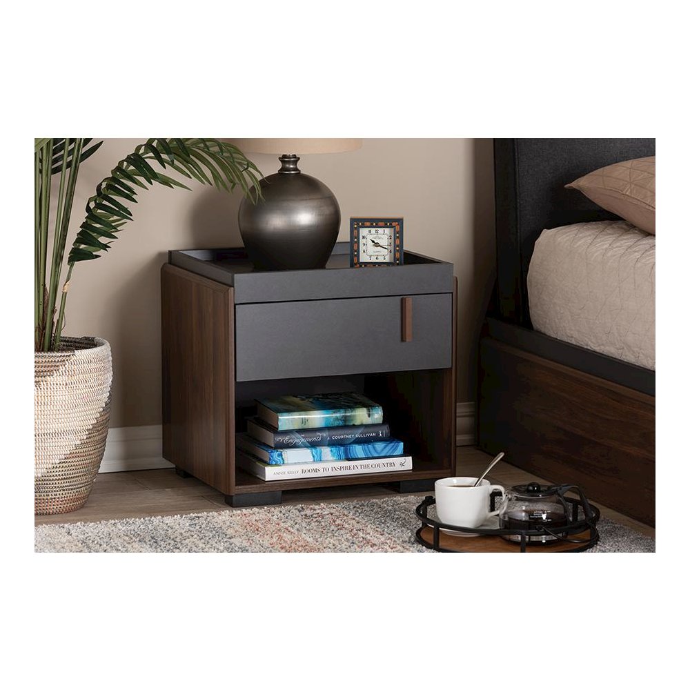 Two-Tone Gray and Walnut Finished Wood 1-Drawer Nightstand. Picture 17