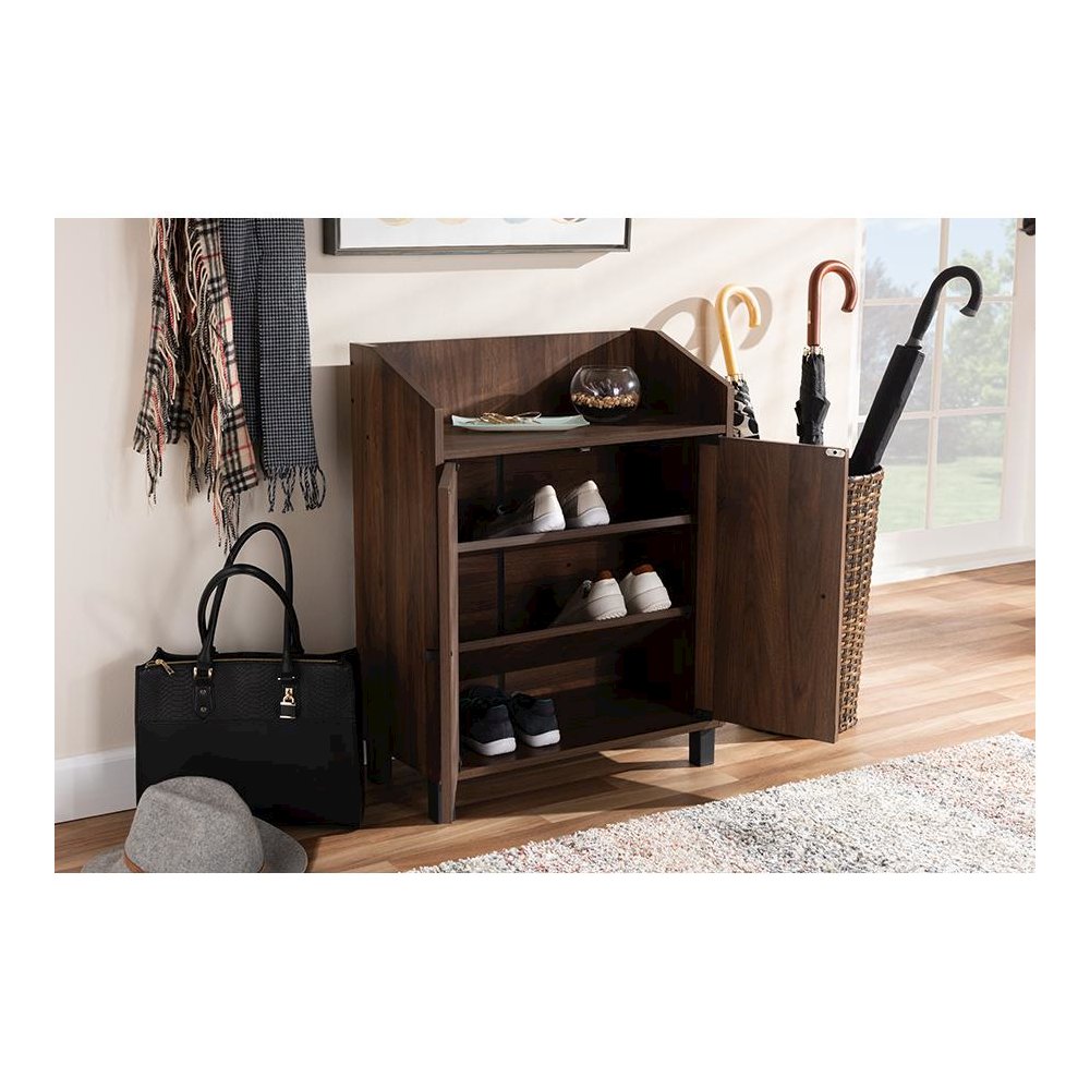Walnut Brown Finished 2-Door Wood Entryway Shoe Storage Cabinet with Open Shelf. Picture 21