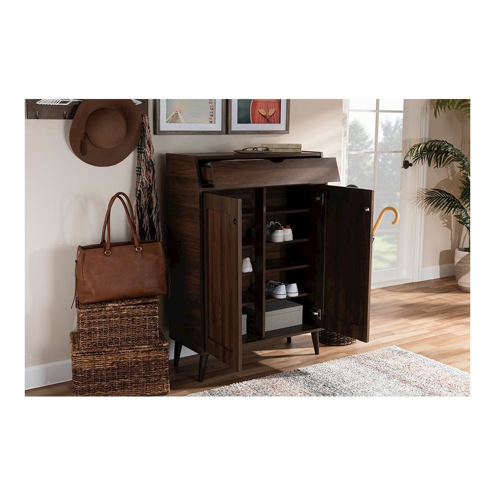 Walnut Brown finished 2-Door Wood Entryway Shoe Storage Cabinet. Picture 21
