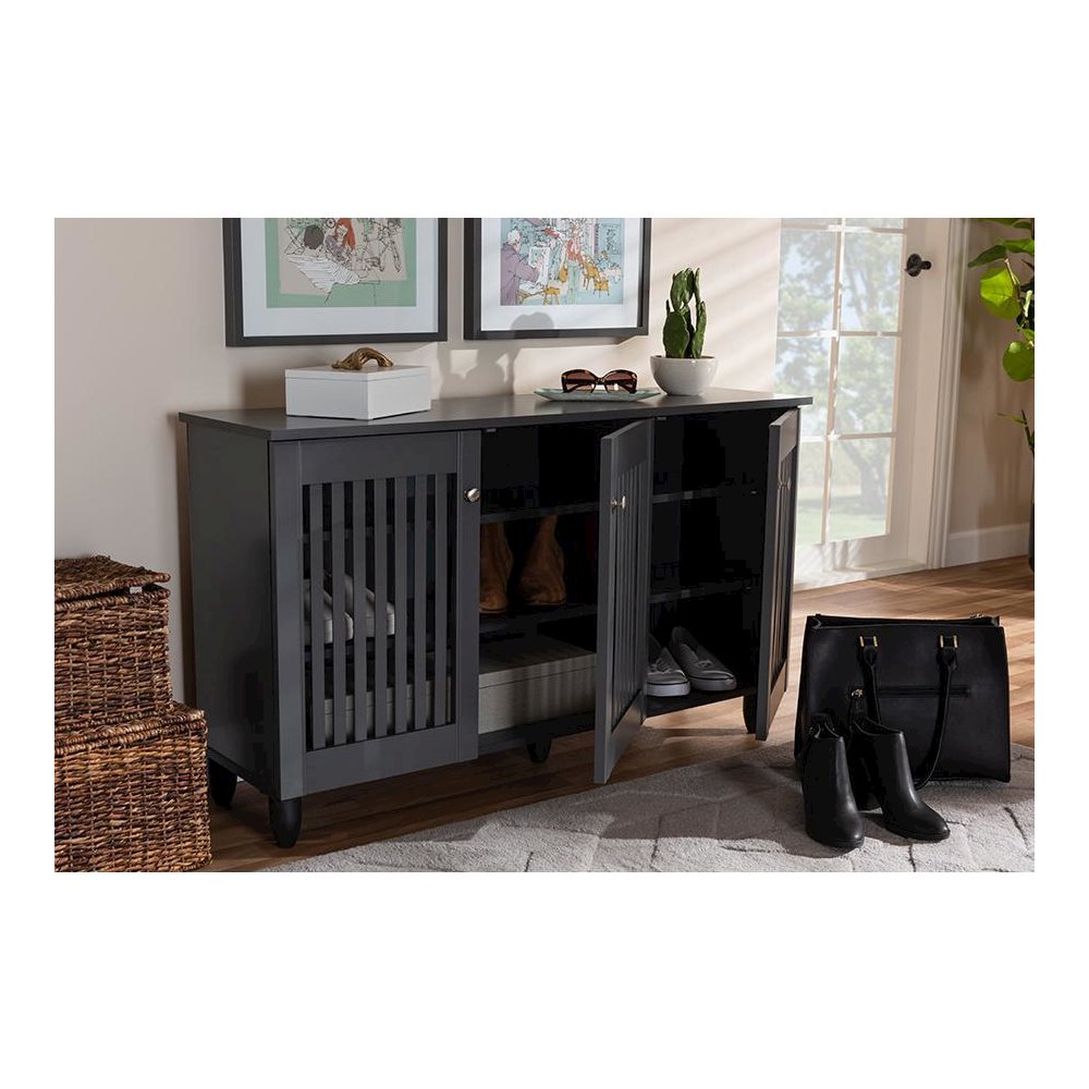 Dark Gray 3-Door Wooden Entryway Shoe Storage Wide Cabinet. Picture 21