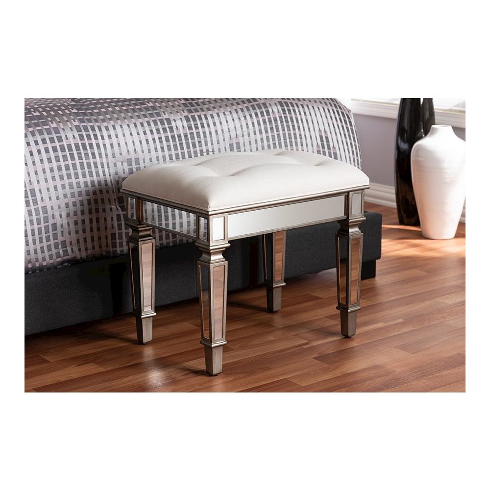 Off White Fabric Upholstered Mirrored Ottoman Vanity Bench. Picture 15