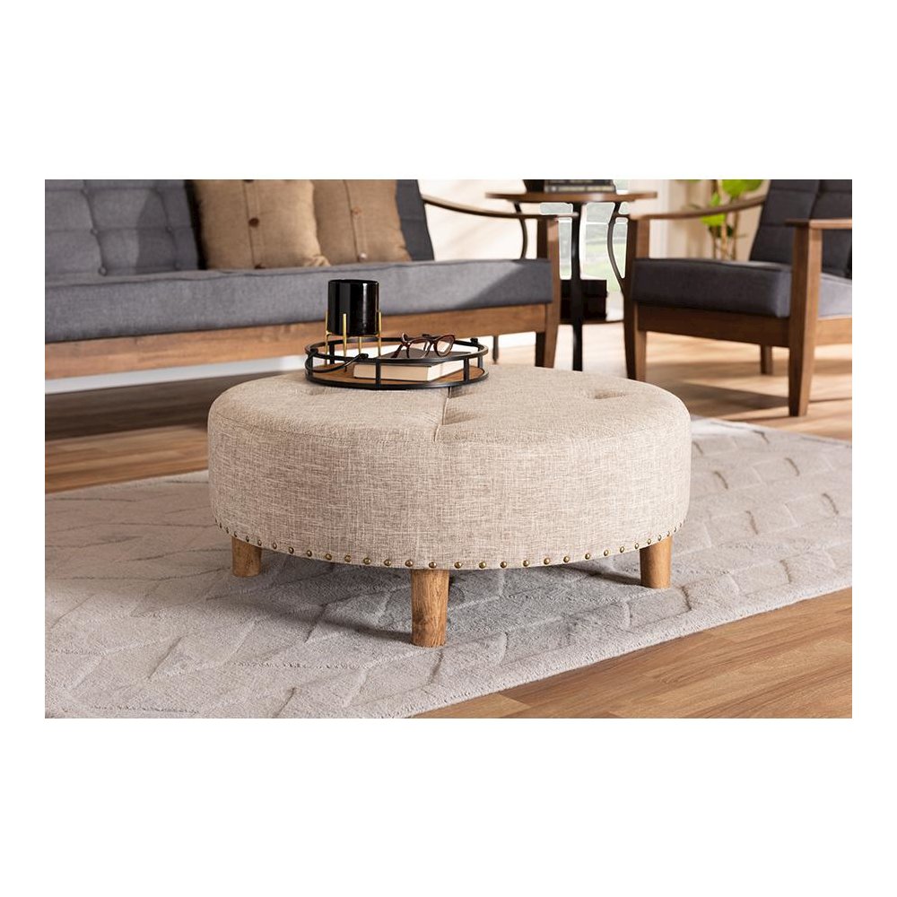Beige Fabric Upholstered Natural Wood Cocktail Ottoman. Picture 15