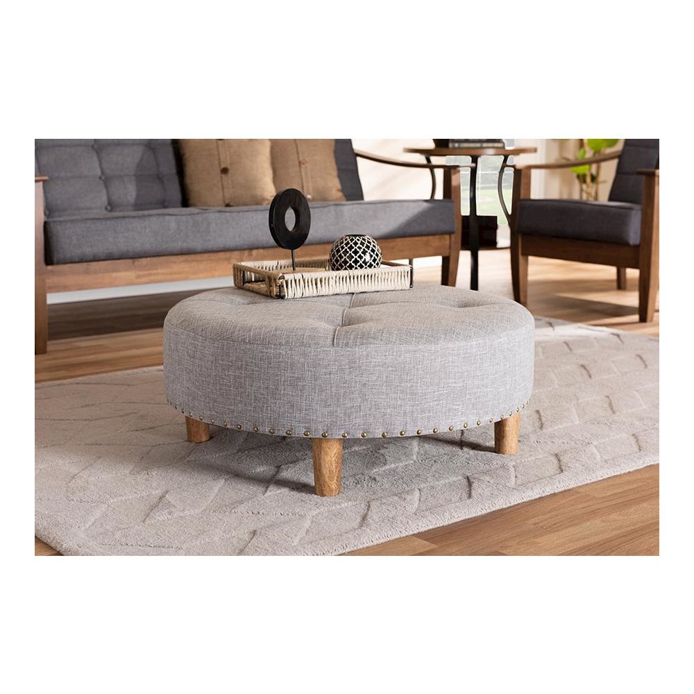 Light Gray Fabric Upholstered Natural Wood Cocktail Ottoman. Picture 15