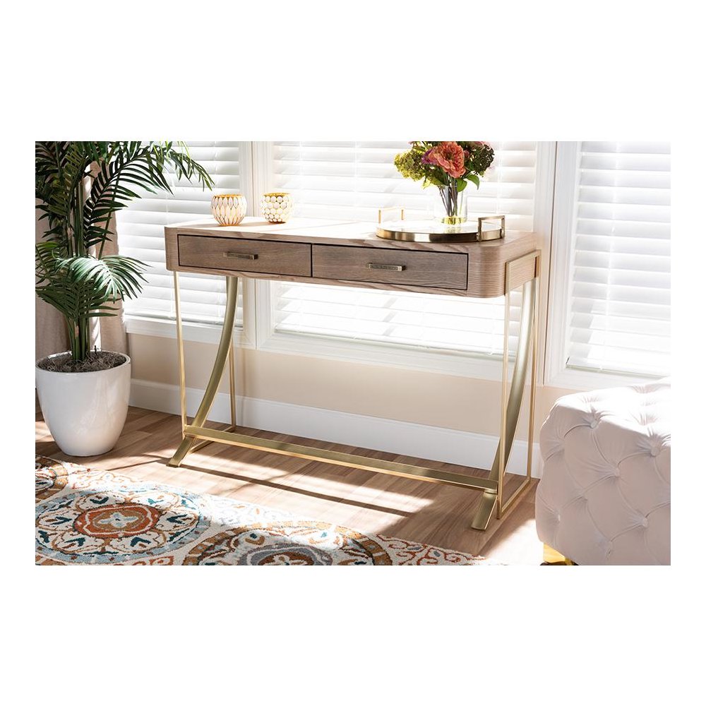 Natural Brown Finished Wood and Gold Finished 2-Drawer Console Table. Picture 19
