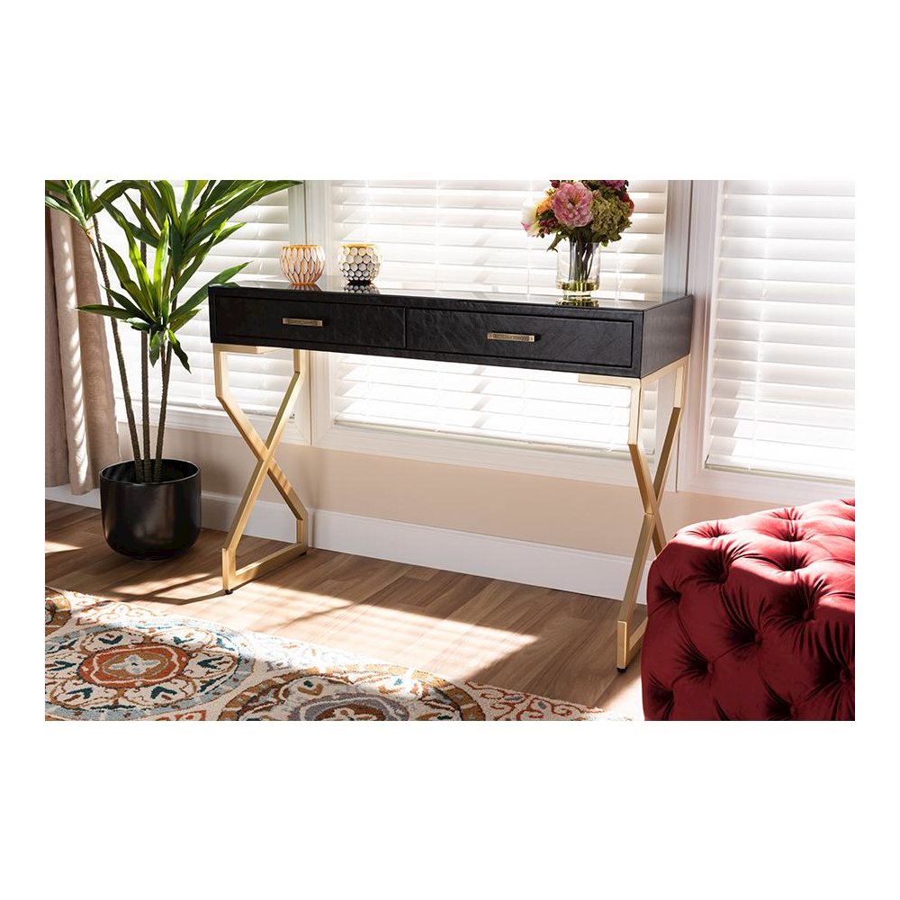 Dark Brown Faux Leather Upholstered Gold Finished 2-Drawer Console Table. Picture 21