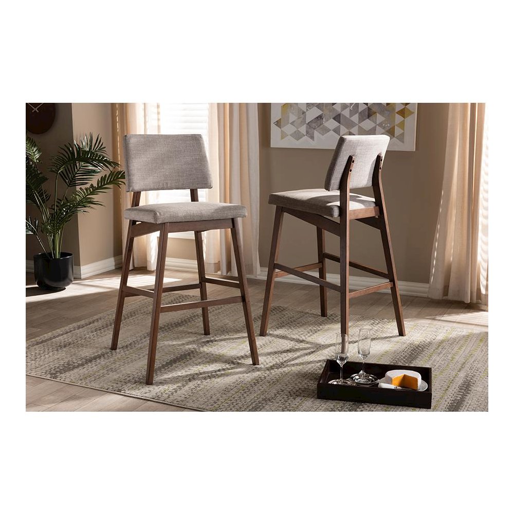 Light Gray Fabric Upholstered and Walnut-Finished Wood Bar Stool Set of 2. Picture 15