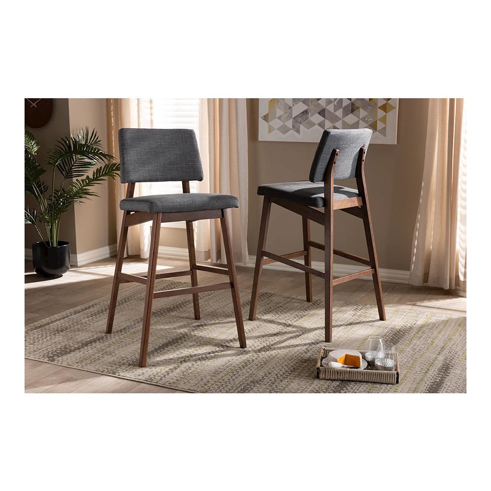 Dark Gray Fabric Upholstered and Walnut-Finished Wood Bar Stool Set of 2. Picture 15