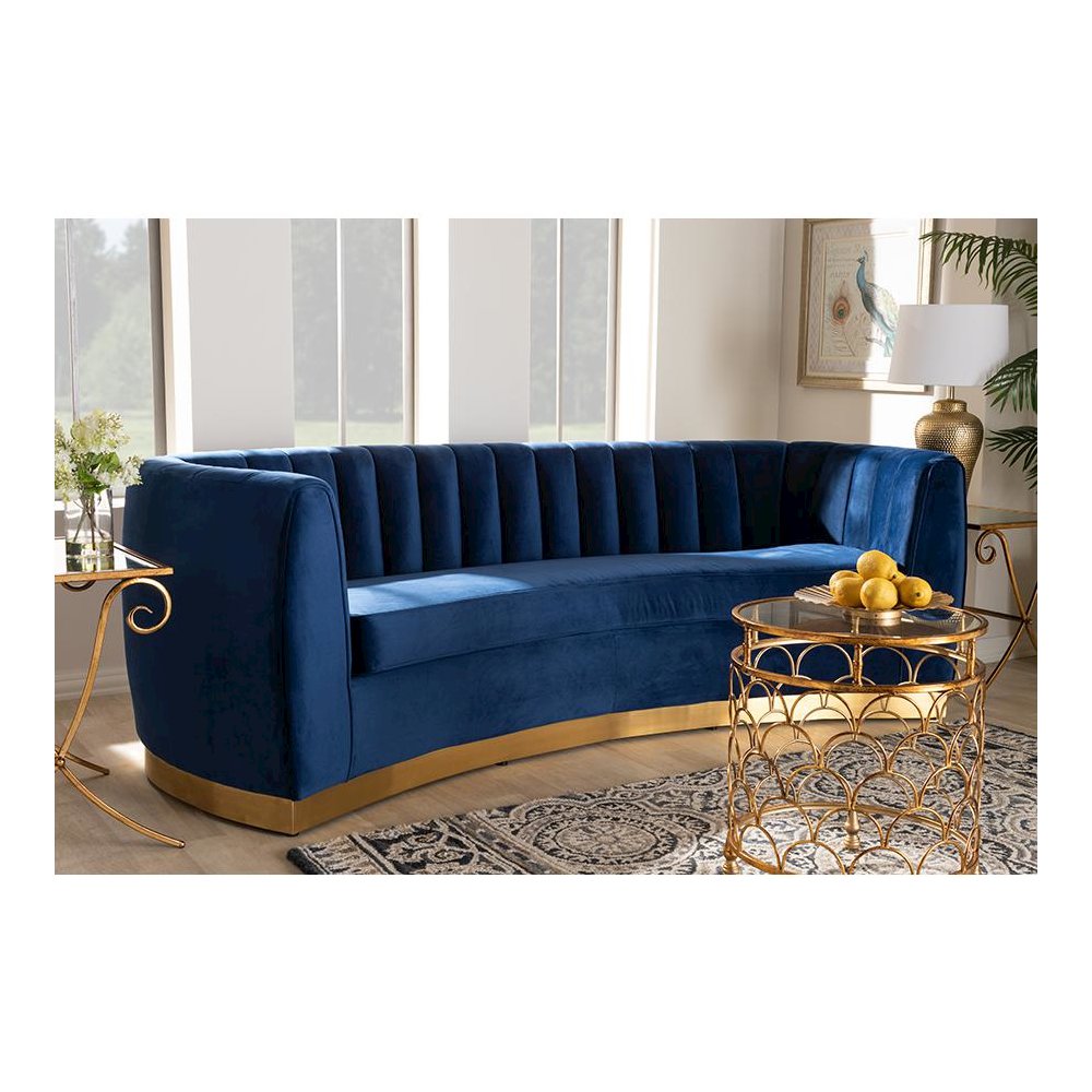 Milena Glam Royal Blue Velvet Fabric Upholstered Gold-Finished Sofa. Picture 19