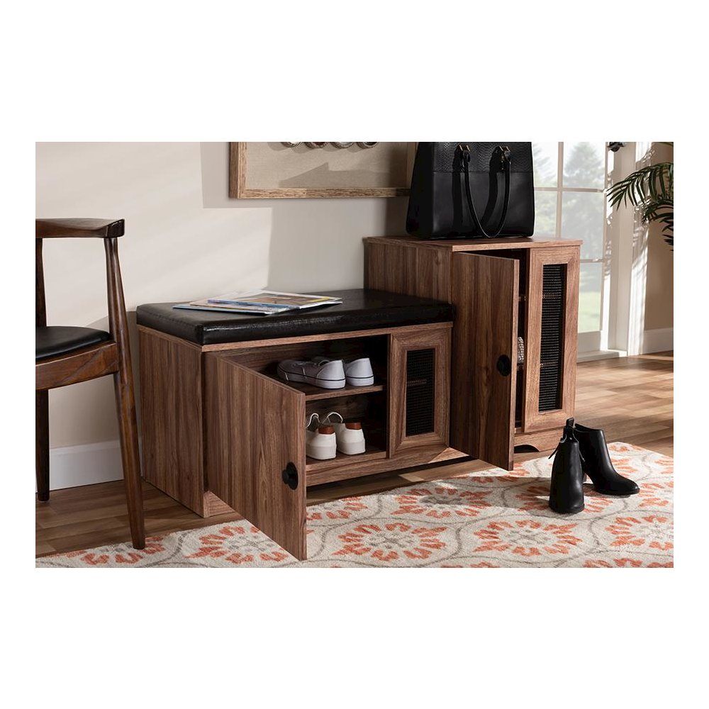Dark Brown Faux Leather Upholstered 2-Door Wood Shoe Storage Bench. Picture 21