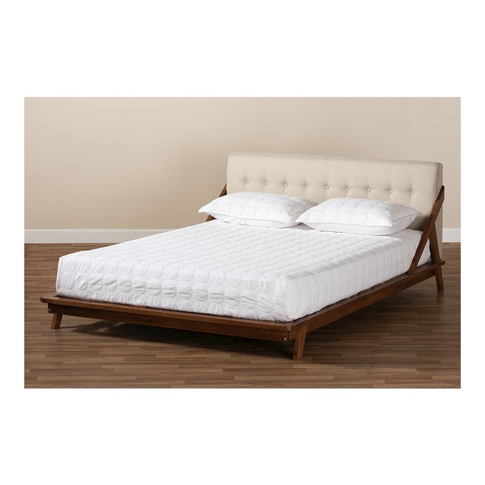 Light Beige Fabric Upholstered Wood Queen Size Platform Bed. Picture 8