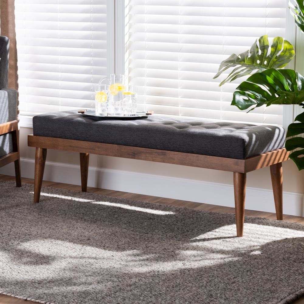 Dark Grey Fabric Upholstered and Button Tufted Wood Bench. Picture 14