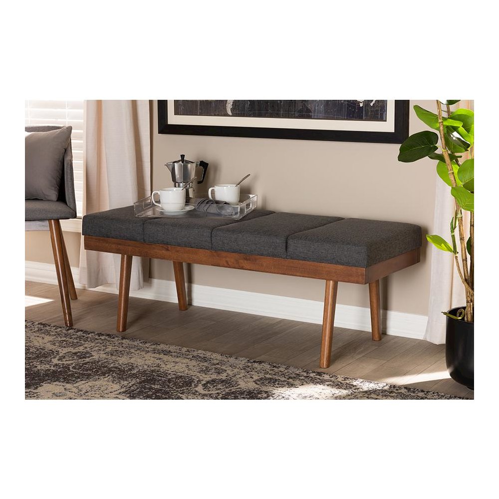 Baxton Studio Larisa Mid-Century Modern Charcoal Fabric Upholstered Wood Bench. Picture 17