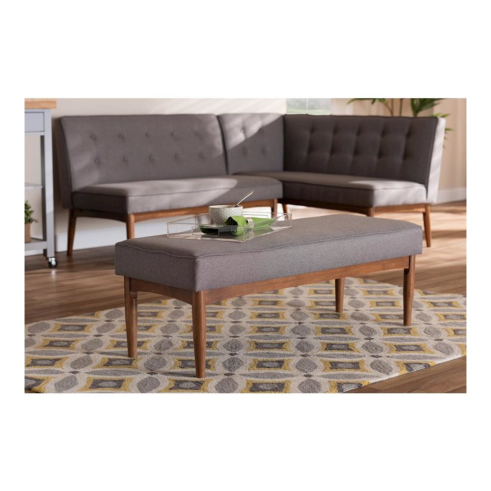 Baxton Studio Arvid Mid-Century Modern Gray Fabric Upholstered Wood Dining Bench. Picture 15