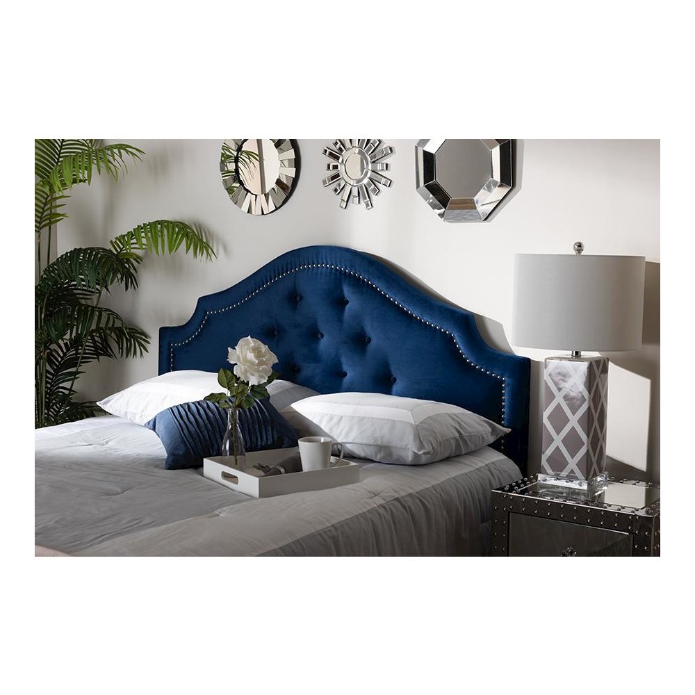 Royal Blue Velvet Fabric Upholstered Queen Size Headboard. Picture 4