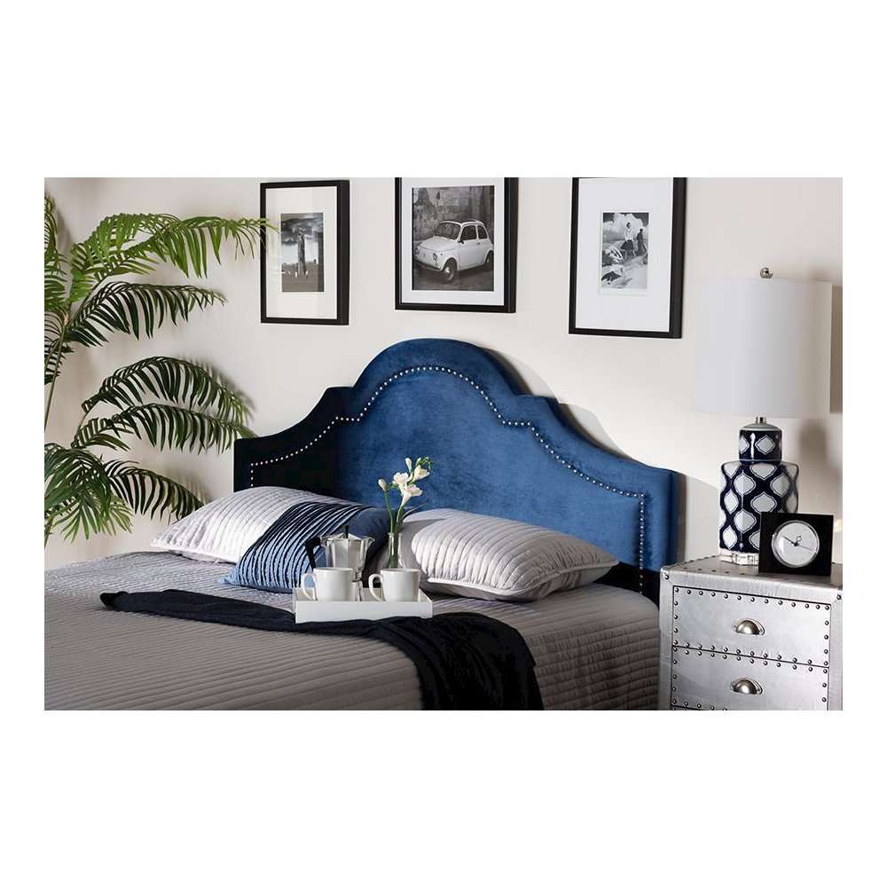 Navy Blue Velvet Fabric Upholstered Full Size Headboard. Picture 17