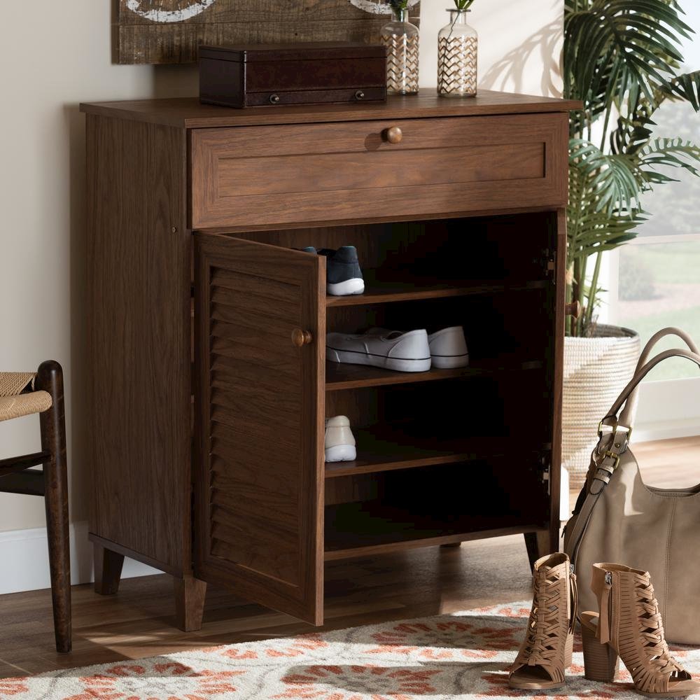 Walnut Finished 4-Shelf Wood Shoe Storage Cabinet with Drawer. Picture 18