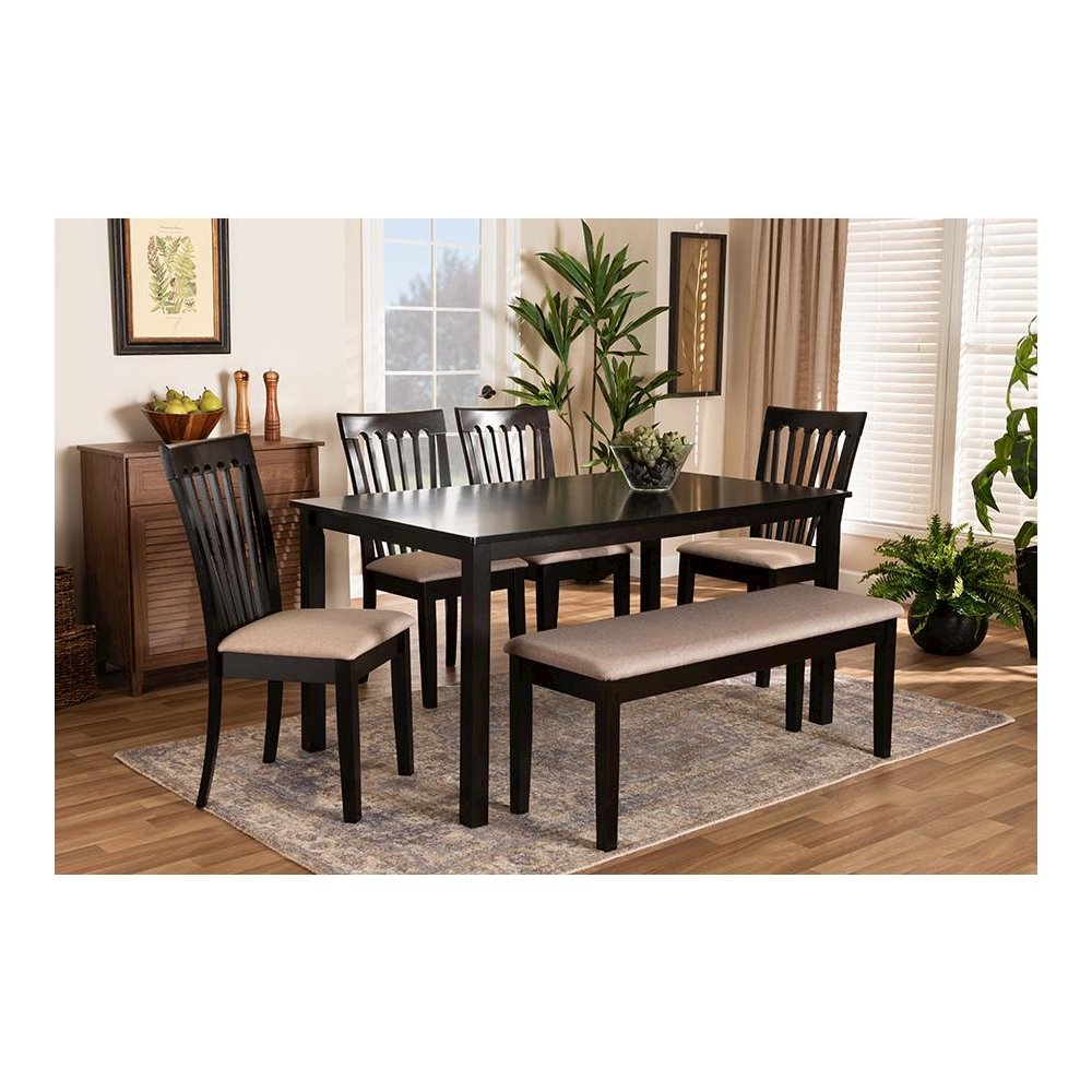 Sand Fabric Upholstered and Dark Brown Finished Wood 6-Piece Dining Set. Picture 21