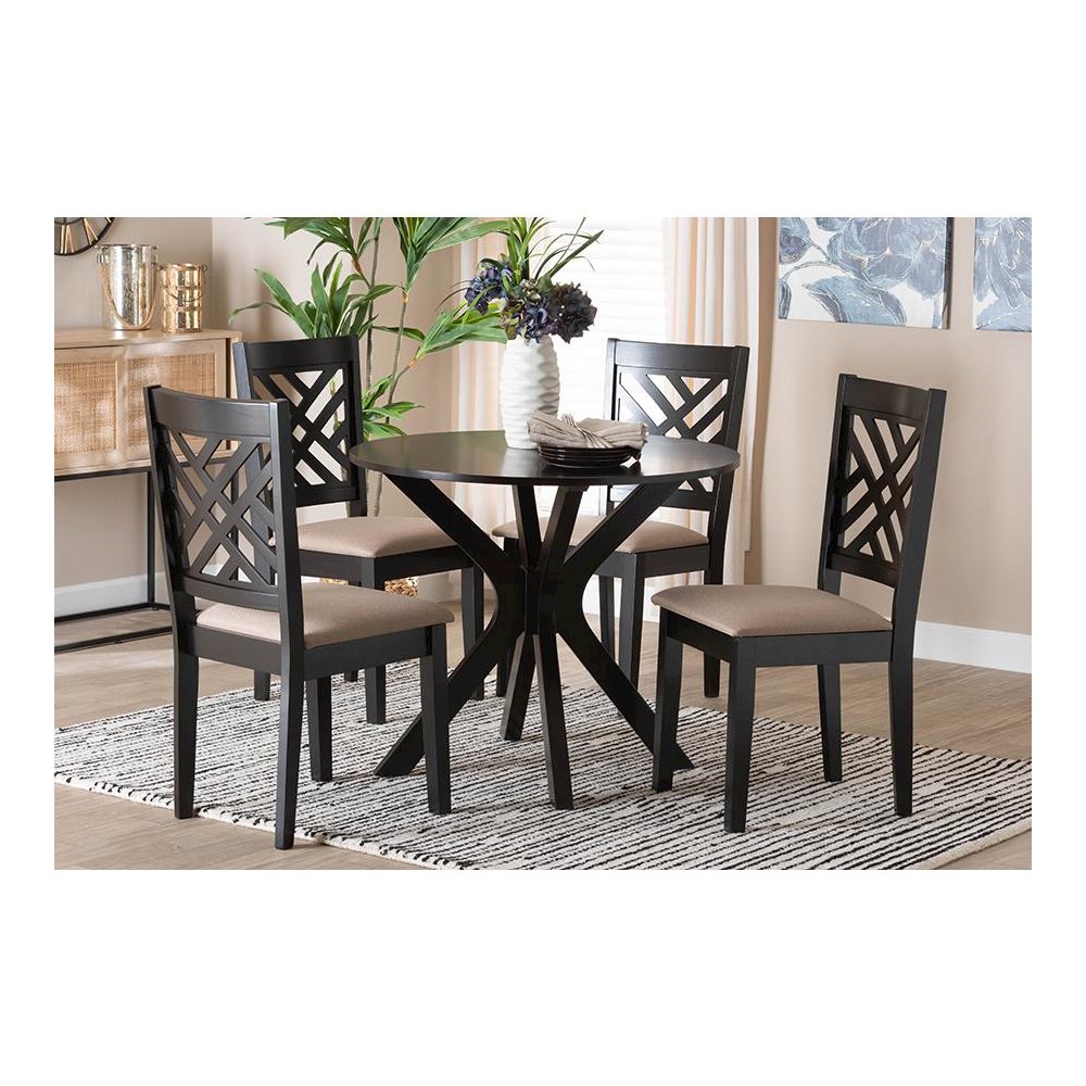 Norah Modern Sand Fabric and Dark Brown Finished Wood 5-Piece Dining Set. Picture 21
