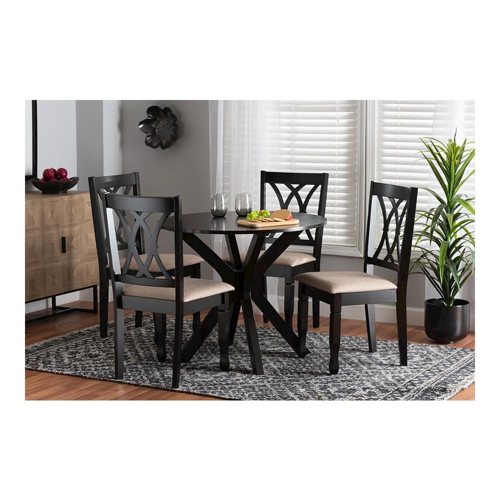 Maya Modern Beige Fabric and Espresso Brown Finished Wood 5-Piece Dining Set. Picture 21