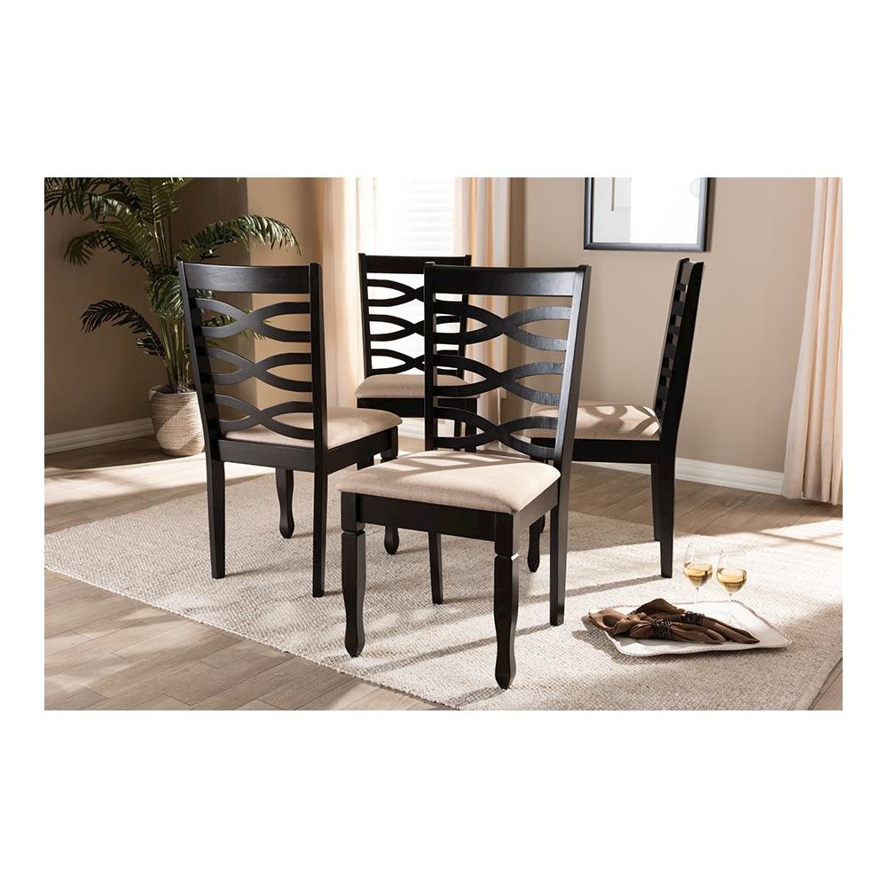 Sand Fabric Upholstered Espresso Brown Finished Wood Dining Chair Set of 4. Picture 15