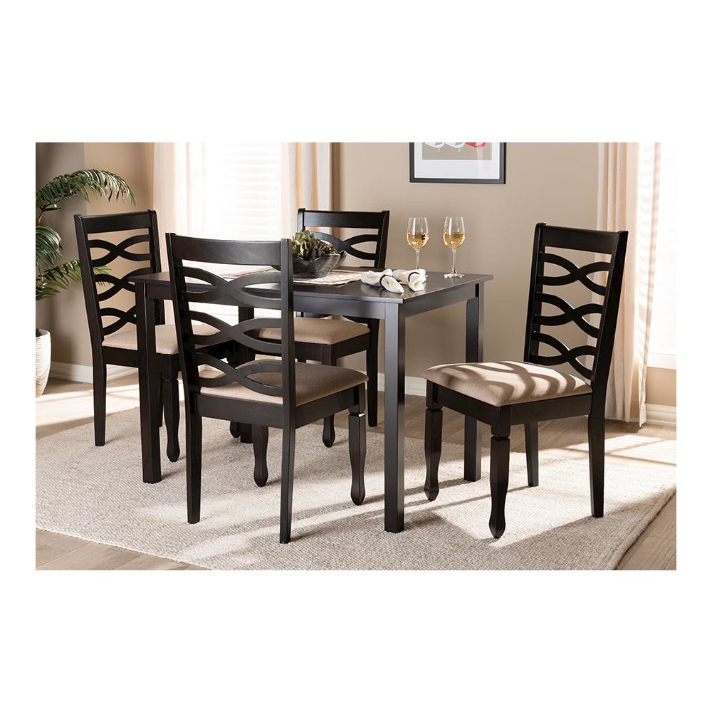 Sand Fabric Upholstered Espresso Brown Finished Wood 5-Piece Dining Set. Picture 11