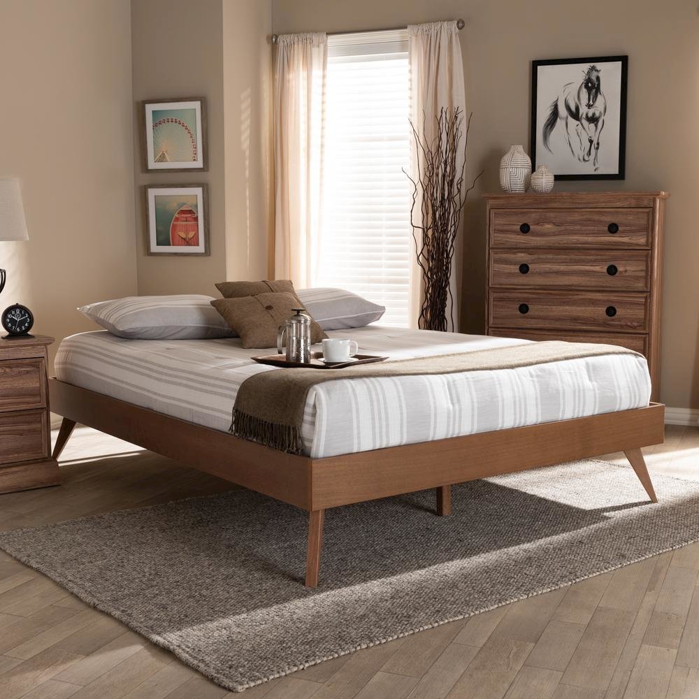 Mid-Century Modern Walnut Brown Finished Wood Full Size Platform Bed Frame. Picture 14