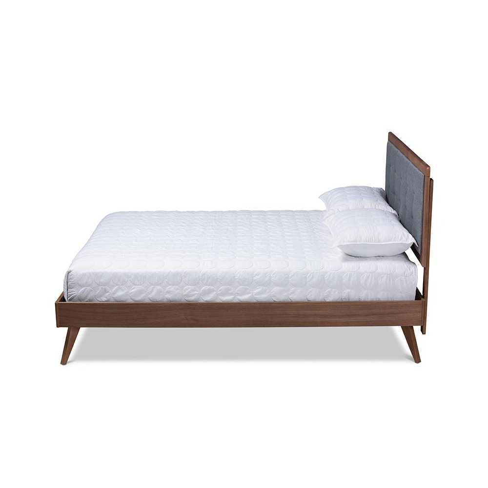 Dark Grey Fabric Upholstered Walnut Brown Finished Wood Queen Size Platform Bed. Picture 2
