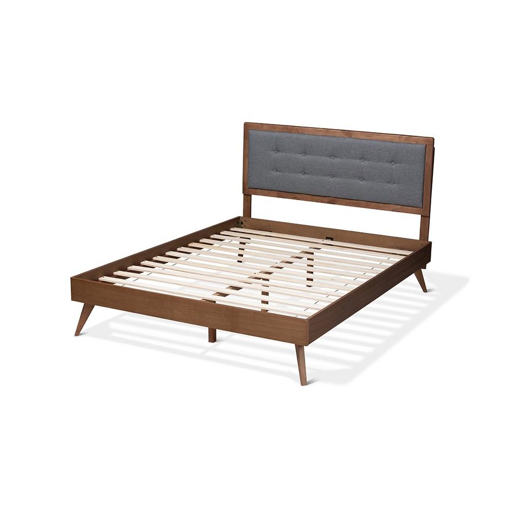 Dark Grey Fabric Upholstered Walnut Brown Finished Wood Queen Size Platform Bed. Picture 3