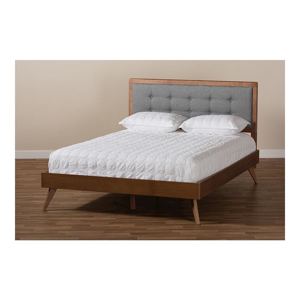Dark Grey Fabric Upholstered Walnut Brown Finished Wood Queen Size Platform Bed. Picture 7