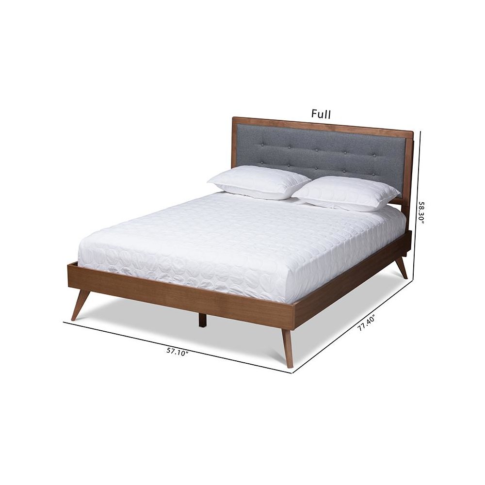 Dark Grey Fabric Upholstered Walnut Brown Finished Wood Queen Size Platform Bed. Picture 8