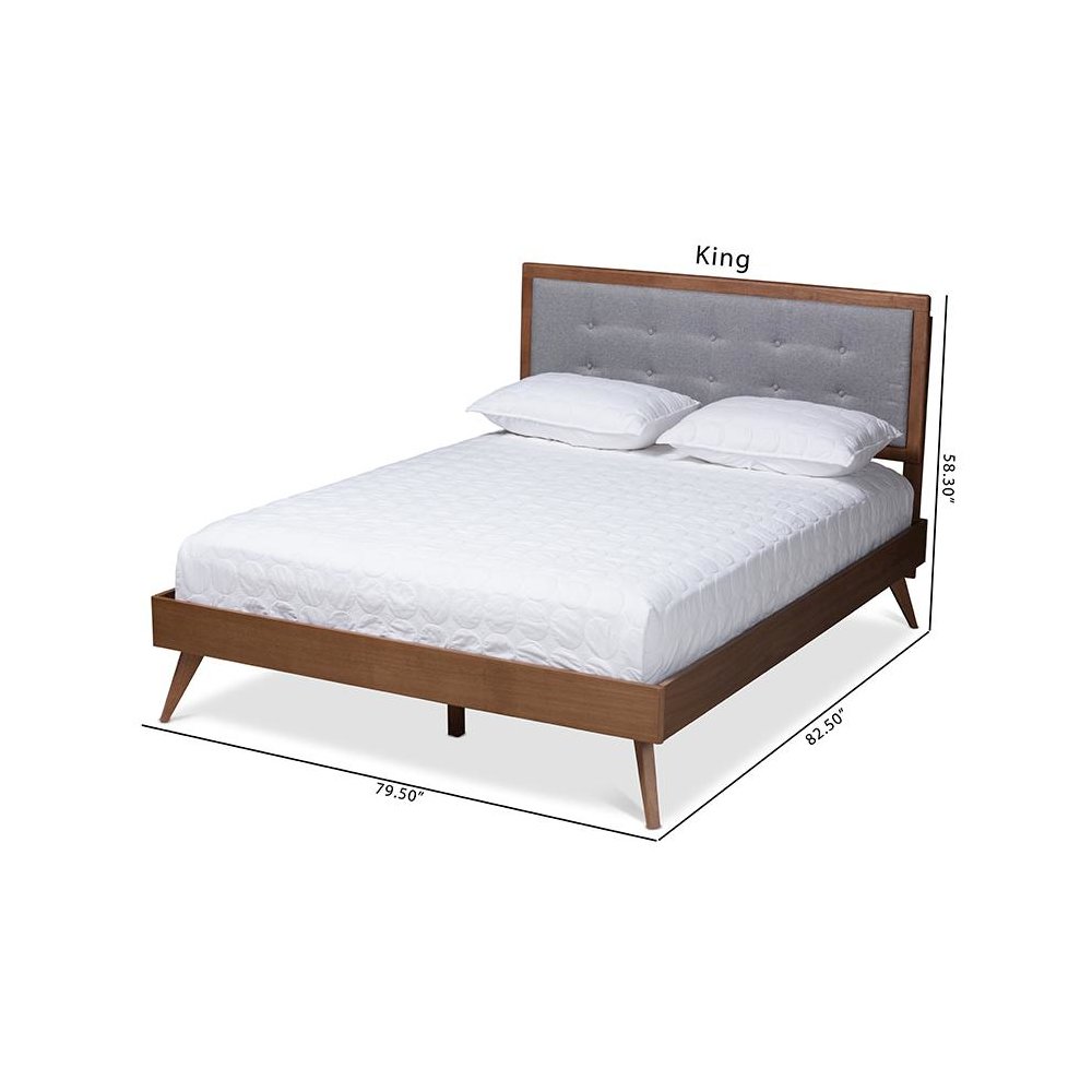 Light Grey Fabric Upholstered Walnut Brown Finished Wood Queen Size Platform Bed. Picture 10