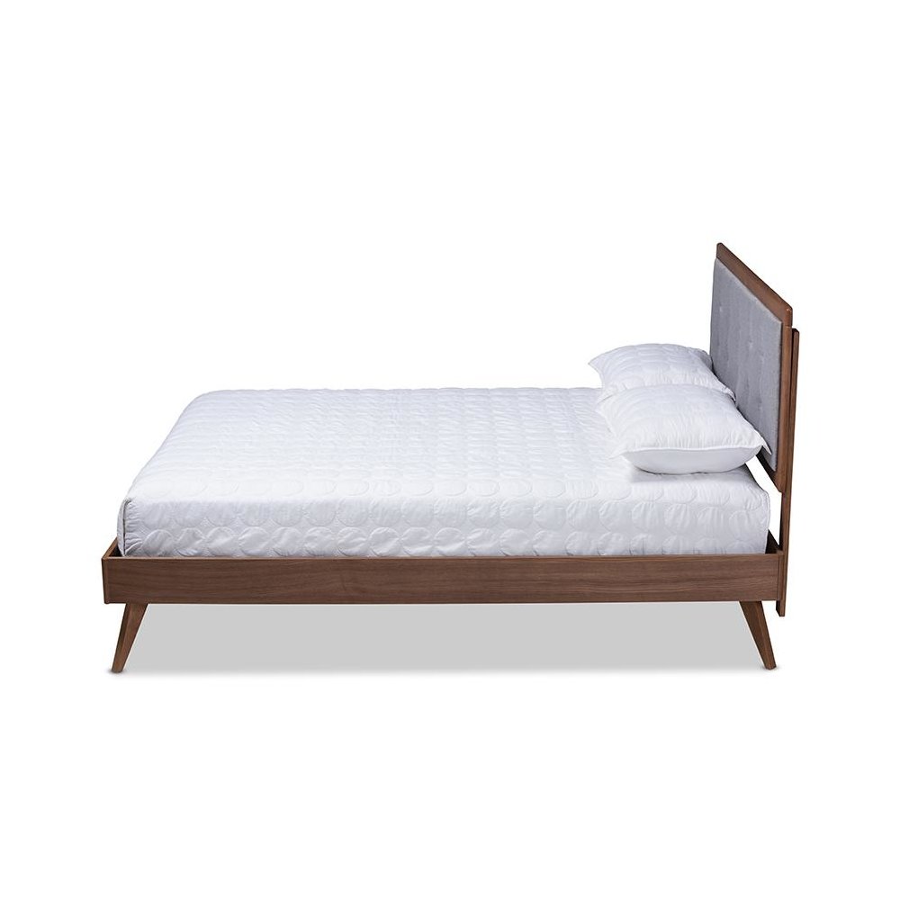 Light Grey Fabric Upholstered Walnut Brown Finished Wood Queen Size Platform Bed. Picture 2