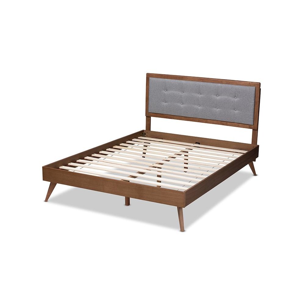 Light Grey Fabric Upholstered Walnut Brown Finished Wood Queen Size Platform Bed. Picture 3
