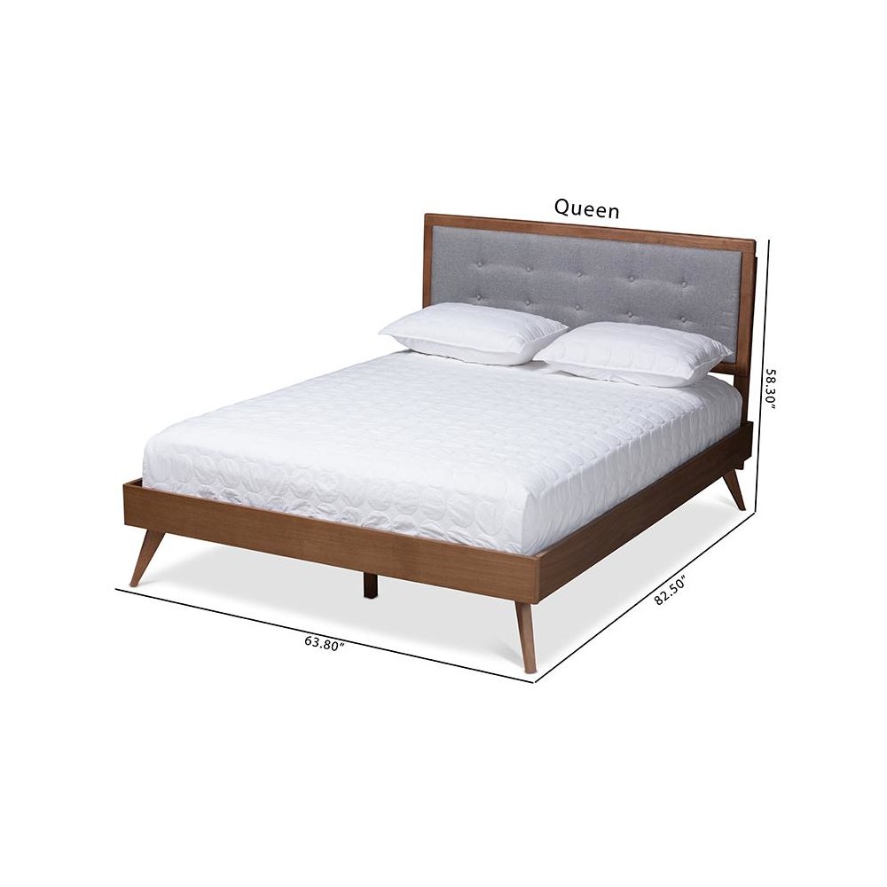 Light Grey Fabric Upholstered Walnut Brown Finished Wood Queen Size Platform Bed. Picture 9