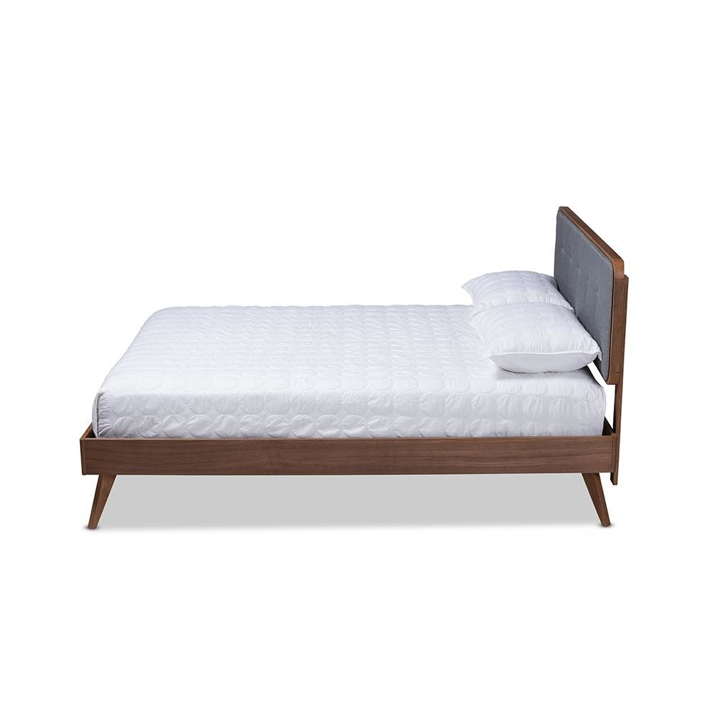 Dark Grey Fabric Upholstered Walnut Brown Finished Wood Queen Size Platform Bed. Picture 2