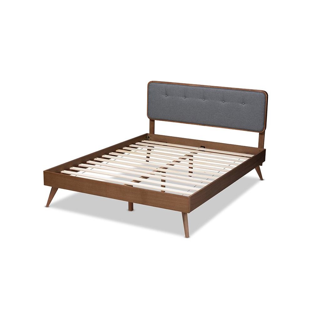 Dark Grey Fabric Upholstered Walnut Brown Finished Wood Queen Size Platform Bed. Picture 3