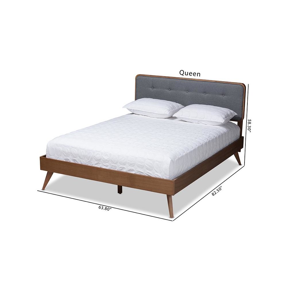 Dark Grey Fabric Upholstered Walnut Brown Finished Wood Queen Size Platform Bed. Picture 9