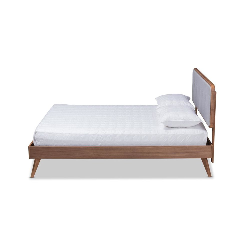 Light Grey Fabric Upholstered Walnut Brown Finished Wood Queen Size Platform Bed. Picture 2