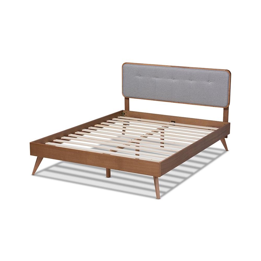 Light Grey Fabric Upholstered Walnut Brown Finished Wood Queen Size Platform Bed. Picture 3